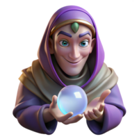 stunning classic Portrait of a mysterious fortune teller with draped clothing and a cryptic smile, illuminated by the glow of a crystal ball, in a dark fantasy style 4K png