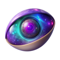 elegant creative A solitary human eye floating in a swirling nebula of iridescent purple and teal, reflecting a distant dying star, lit by soft ethereal glow, Art Nouveau style exclusive png