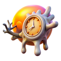 dramatic abstract A melting clock draped over a branch made of interconnected human bones, set against a vibrant orange and pink gradient, lit by a hidden light source, Dali-esque style 4K png