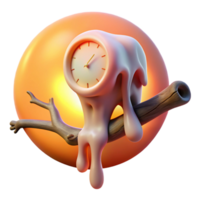 stunning artistic A melting clock draped over a branch made of interconnected human bones, set against a vibrant orange and pink gradient, lit by a hidden light source, Dali-esque style high quality png