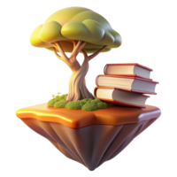 stunning artistic A floating island composed of stacked books, with a single tree growing from the top and roots dangling below, lit by a soft golden sunset, Fantasy style genuine png