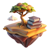 vibrant contemporary A floating island composed of stacked books, with a single tree growing from the top and roots dangling below, lit by a soft golden sunset, Fantasy style exclusive png