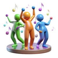 wonderful traditional A group of human figures with elongated limbs dancing in a zero-gravity environment filled with floating musical notes, lit by multicolored stage lights, Abstract style 4K png
