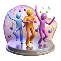 impressive contemporary A group of human figures with elongated limbs dancing in a zero-gravity environment filled with floating musical notes, lit by multicolored stage lights, Abstract style genuine png