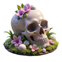 extraordinary abstract A human skull filled with blossoming flowers, resting on a bed of moss and decaying leaves, lit by dappled sunlight filtering through forest canopy, Vanitas style professional png