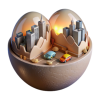 wonderful contemporary A cracked eggshell revealing a miniature cityscape inside, with tiny cars driving along its streets, lit by miniature streetlights, Miniature Art style 4K png