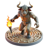 dramatic artistic A fearsome minotaur with the head of a bull and the body of a man, charging through a labyrinth, illuminated by flickering torches. Greek mythology-inspired art style detailed png