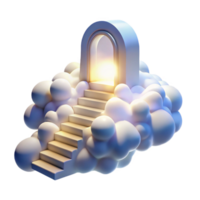 serene rustic A staircase leading to a doorway in the sky, surrounded by fluffy white clouds, lit by a bright, heavenly light, Visionary Art style high resolution png