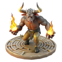 elegant contemporary A fearsome minotaur with the head of a bull and the body of a man, charging through a labyrinth, illuminated by flickering torches. Greek mythology-inspired art style high quality png