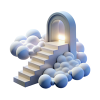 stunning traditional A staircase leading to a doorway in the sky, surrounded by fluffy white clouds, lit by a bright, heavenly light, Visionary Art style original png