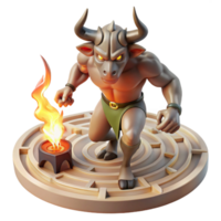 serene classic A fearsome minotaur with the head of a bull and the body of a man, charging through a labyrinth, illuminated by flickering torches. Greek mythology-inspired art style professional png