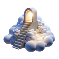 elegant contemporary A staircase leading to a doorway in the sky, surrounded by fluffy white clouds, lit by a bright, heavenly light, Visionary Art style professional png