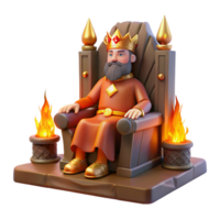 wonderful artistic A regal king sitting on a throne of carved stone, wearing a crown of gold and jewels, illuminated by the warm glow of a fireplace. Medieval fantasy art style original png