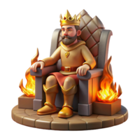 magnificent contemporary A regal king sitting on a throne of carved stone, wearing a crown of gold and jewels, illuminated by the warm glow of a fireplace. Medieval fantasy art style 4K png