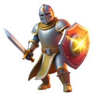 vibrant rustic A powerful knight in shining armor, wielding a sword and shield, illuminated by the dramatic light of a battlefield. Medieval fantasy art style high resolution png