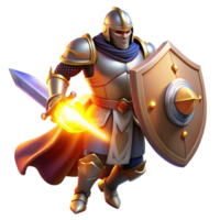 magnificent vintage A powerful knight in shining armor, wielding a sword and shield, illuminated by the dramatic light of a battlefield. Medieval fantasy art style premium png