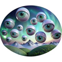 dramatic creative A field of floating human eyes gazing upwards, lit by a celestial aurora borealis, Digital Art style premium png
