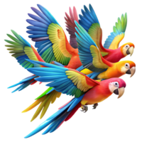 dramatic traditional A vibrant flock of macaws in flight, their colorful feathers a riot of color against a clear sky, in a dynamic, impressionistic style detailed png