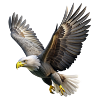 extraordinary creative A majestic bald eagle soaring through the air, its white head and brown feathers illuminated by the bright sunlight, in a realistic, wildlife photography style original png