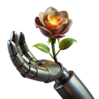 serene minimalist A chrome robotic hand clutching a wilted flower, lit by a single ray of light piercing through a dark, smoky atmosphere. Dark, gritty, and realistic style original png