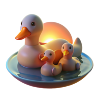 stunning modern A family of ducks swimming in a pond, their feathers illuminated by the soft glow of sunset, in a peaceful, impressionistic style 4K png