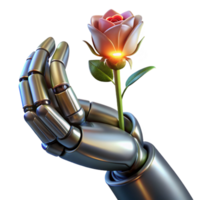 beautiful vintage A chrome robotic hand clutching a wilted flower, lit by a single ray of light piercing through a dark, smoky atmosphere. Dark, gritty, and realistic style detailed png