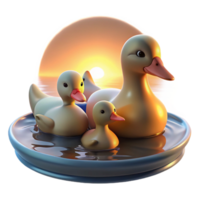 extraordinary classic A family of ducks swimming in a pond, their feathers illuminated by the soft glow of sunset, in a peaceful, impressionistic style high quality png
