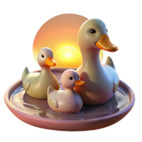 vibrant traditional A family of ducks swimming in a pond, their feathers illuminated by the soft glow of sunset, in a peaceful, impressionistic style high quality png