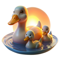 extraordinary vintage A family of ducks swimming in a pond, their feathers illuminated by the soft glow of sunset, in a peaceful, impressionistic style premium png