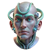 stunning classic A human face partially merged with machinery, wires and tubes protruding, lit by a flickering fluorescent light. Cyberpunk and biomechanical style high resolution png