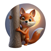 dramatic creative A sly fox with a bushy tail, peering out from behind a tree, illuminated by the soft glow of moonlight, in a cunning, folk art style authentic png