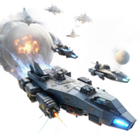 beautiful artistic A fleet of futuristic spaceships engaging in a large-scale space battle against a backdrop of a swirling nebula. Epic scale, cinematic lighting professional png