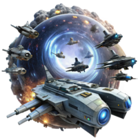 dramatic rustic A fleet of futuristic spaceships engaging in a large-scale space battle against a backdrop of a swirling nebula. Epic scale, cinematic lighting exclusive png