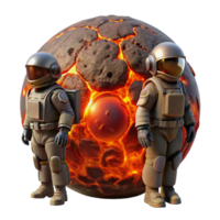 serene vintage A group of astronauts in bulky space suits exploring a lava-filled planet, illuminated by the fiery glow of the molten rock. Science fiction style, dangerous and thrilling detailed png