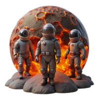 stunning classic A group of astronauts in bulky space suits exploring a lava-filled planet, illuminated by the fiery glow of the molten rock. Science fiction style, dangerous and thrilling genuine png