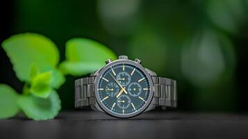 Close-up of a stylish watch on a dark surface with green foliage in the background photo