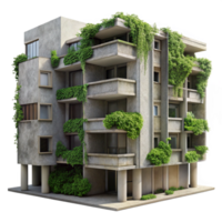 beautiful creative Brutalist concrete apartment complex, overgrown with vines, soft diffused daylight, gritty and textured, photographic style high quality png