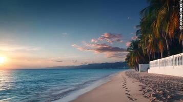 Serene beach at sunset with palm trees lining the shore and gentle waves lapping at the sand photo