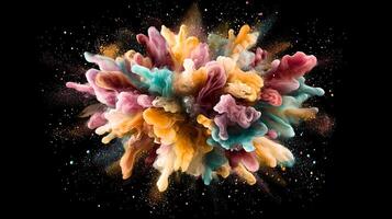 Vibrant explosion of colorful pigments creating a stunning abstract art piece on a dark background photo