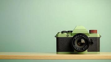 Vintage-style camera on a wooden shelf against a soft green background, emphasizing photography photo