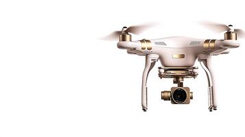 A high-tech drone with a camera hovering against a white background, showcasing its design and capabilities photo