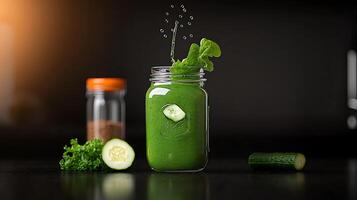 Fresh green smoothie in a jar with cucumber slices and herbs, set against a dark background photo