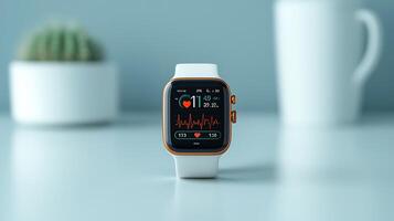 Smartwatch displaying heart rate and health metrics on a minimalist desk with a plant and cup photo