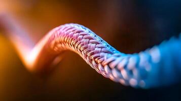 Close-up view of a colorful braided rope illuminated by soft light against a dark background photo