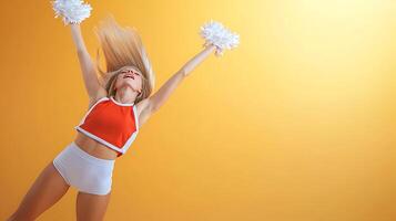 Cheerleader performing a dynamic jump against a vibrant yellow background, showcasing energy and enthusiasm photo