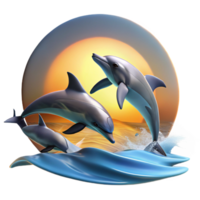 serene rustic A group of dolphins leaping out of the ocean, illuminated by the setting sun. Ocean wildlife photography style original png