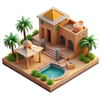 serene minimalist Desert oasis resort, rammed earth structures, swimming pools, palm trees, luxurious ambiance, architectural rendering, high resolution png