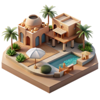 beautiful rustic Desert oasis resort, rammed earth structures, swimming pools, palm trees, luxurious ambiance, architectural rendering, high resolution png