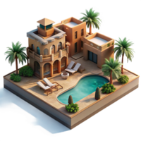 elegant rustic Desert oasis resort, rammed earth structures, swimming pools, palm trees, luxurious ambiance, architectural rendering, detailed png