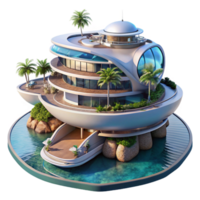 impressive artistic Floating hotel, futuristic design, panoramic ocean views, luxurious amenities, digital rendering, high quality png